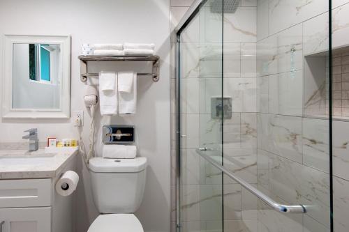 洛杉矶Studio City Court Yard Hotel的一间带卫生间和玻璃淋浴间的浴室