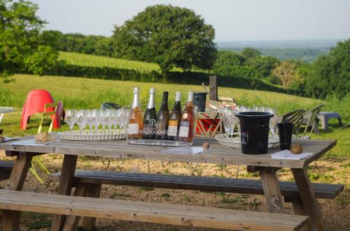 LugnyDomaine Joseph LAFARGE Wine Resort Oeno-tonneaux expérience的一张野餐桌,上面装有酒瓶和玻璃杯