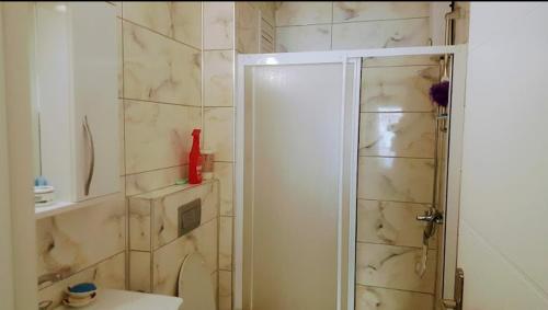 Acıpayamzirve apartları的带淋浴、卫生间和盥洗盆的浴室