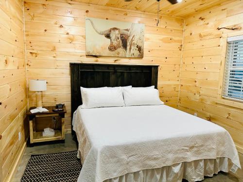 芒廷维尤Knotty Squirrel Cabins的小木屋内一间卧室,配有一张床