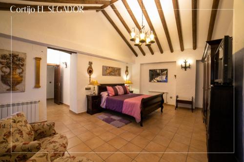 AlmedinillaCortijo El Segador y El Capricho的一间卧室配有一张床和一个沙发