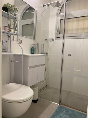 耶路撒冷Ha-DEKEL的白色的浴室设有卫生间和淋浴。