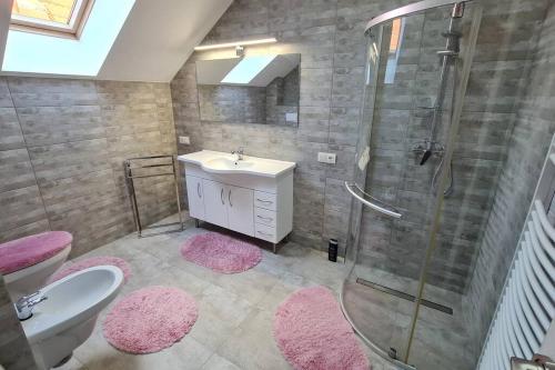 MeLux Airport House的浴室设有水槽和带粉红色地毯的淋浴。