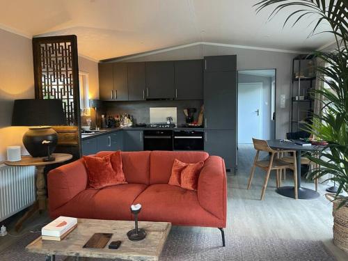 贝克贝亨Luxe vakantiehuis “Saalien”的一间带红色沙发的客厅和一间厨房
