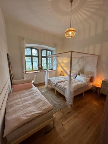 皮尔纳Ferienwohnung Hortensie Rittergut Schloss Zehista Gutshaus的一间卧室配有两张床和吊灯。