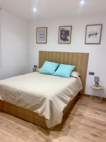 哈恩Apartamento boutique Jaén 2的一间卧室配有一张带蓝色枕头的大床