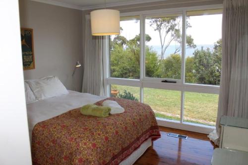 卢拉Highview的一间卧室设有一张床和一个大窗户
