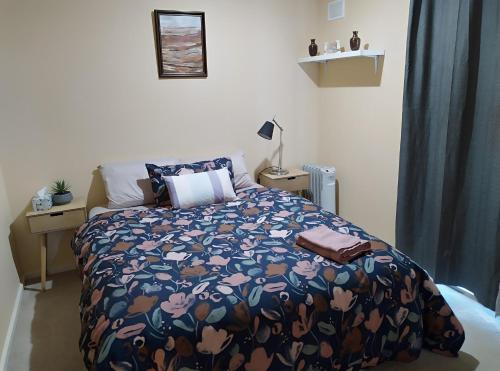 卡尔古利2BR house in West Lamington的一间卧室配有一张带蓝色棉被的床