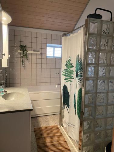 SvinningeDejlig lejlighed的浴室配有淋浴帘和浴缸。