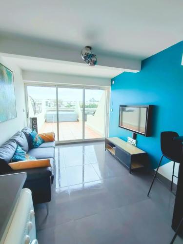 阿格德角Cap d'Agde Naturiste F的带沙发和平面电视的客厅