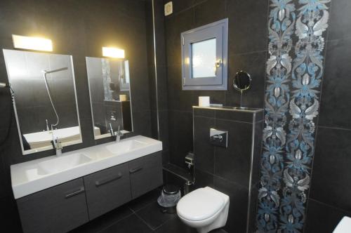 科莫蒂尼凯瑞迪丝酒店的一间带卫生间、水槽和镜子的浴室