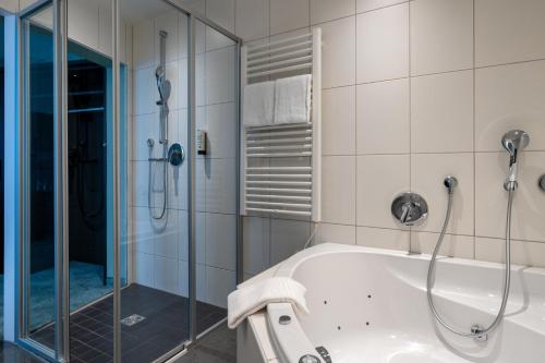 阿劳b-smart hotel Schönenwerd的带淋浴和浴缸的浴室