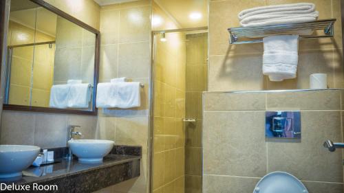 基苏木Best Western Kisumu Hotel的带淋浴、水槽和镜子的浴室
