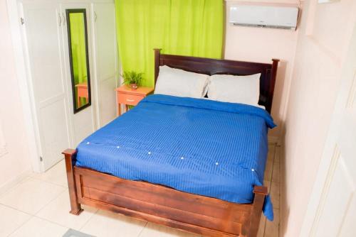 RibishiCays Inn Apartments的一间卧室配有一张带蓝色棉被的床