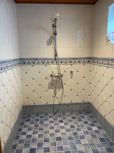 波尔沃Rune Bergin piilopaikka的浴室设有蓝色和白色瓷砖淋浴。