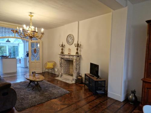 FrameriesGîte de charme dans une maison bourgeoise的客厅设有壁炉和吊灯。