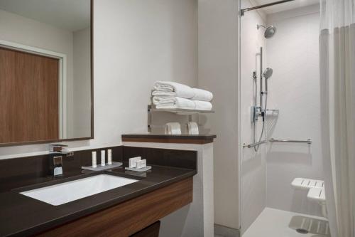 West MilwaukeeFairfield Inn & Suites by Marriott Milwaukee West的一间带水槽和淋浴的浴室