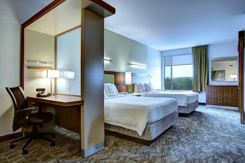 哈里斯堡哈里斯堡春季山丘套房酒店的酒店客房设有两张床、一张桌子和一面镜子