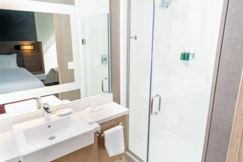 安大略SpringHill Suites by Marriott Ontario Airport/Rancho Cucamonga的带淋浴、盥洗盆和镜子的浴室
