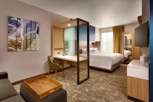 克拉尔维尔SpringHill Suites by Marriott Coralville的配有一张床和一张书桌的酒店客房