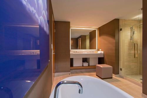 兀兰伍德兰威斯汀酒店的带浴缸、水槽和镜子的浴室