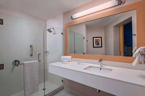 圣萨尔瓦多圣萨尔瓦多万豪费尔菲尔德酒店 的一间带水槽、镜子和淋浴的浴室
