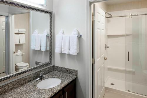 高原牧场丹佛高原牧场酒店的一间带水槽、镜子和淋浴的浴室