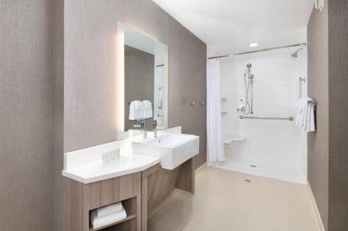 提夫顿SpringHill Suites by Marriott Tifton的一间带水槽、镜子和淋浴的浴室