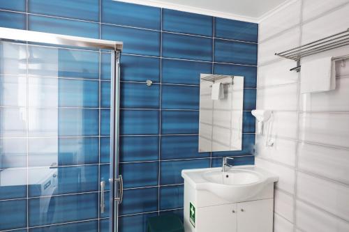 里斯本Apartment Ajuda Tagus River View的蓝色瓷砖浴室设有水槽和淋浴