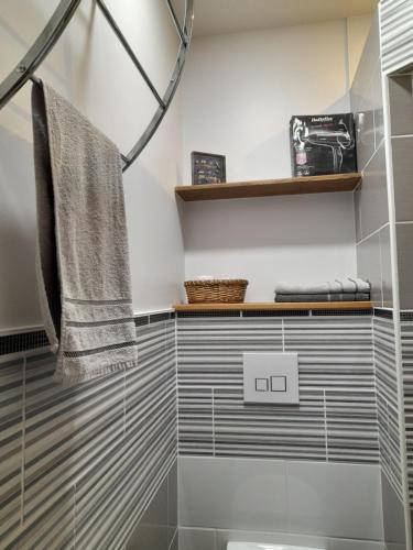 富热尔Chambre d'hôtes LARIBOISIERE的浴室铺有灰色和白色的瓷砖,配有毛巾
