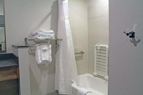 圣路易斯Fairfield by Marriott Inn & Suites St Louis South的带淋浴和毛巾浴缸的浴室