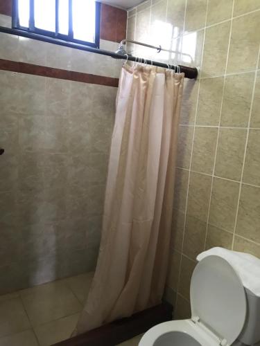 佩达西镇Residencial Santa Catalina Pedasi的带淋浴帘和卫生间的浴室