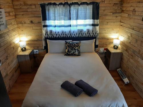 豪格斯拜克Diamond Vault Rustic Mountain Cabins的一张位于房间的床,上面有两个枕头
