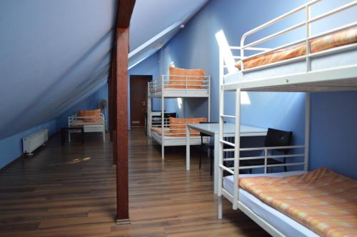 博达尼Bordany Hostel的宿舍间配有双层床和书桌。