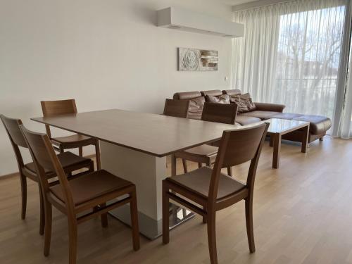 维也纳新城Luxusappartement mit Garage im Zentrum的一间带桌椅和沙发的用餐室