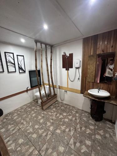 班柯木Koh Mook Mountain view的一间带水槽和卫生间的浴室以及一台电视。