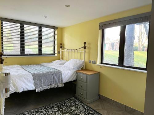 奇斯尔赫斯特Forest Apartment gated Parking on 2 acres Garden的一间卧室设有一张床和两个窗户。