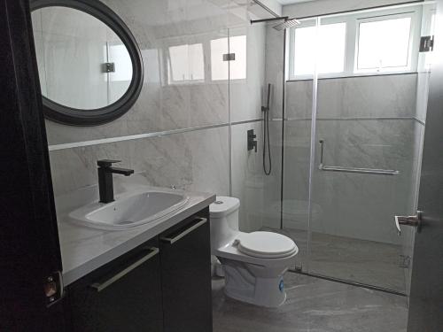 安巴托Lujoso Apartamento Frente al Estadio Bellavista的一间带水槽、卫生间和镜子的浴室