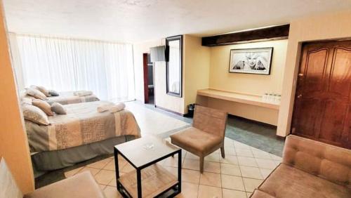 Iguala de la IndependenciaHOTEL MARIA ISABEL DE IGUALA的配有一张床和一把椅子的酒店客房