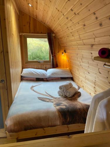 巴洛赫Stoneymollan over Loch Lomond的小木屋内一间卧室,配有两张床