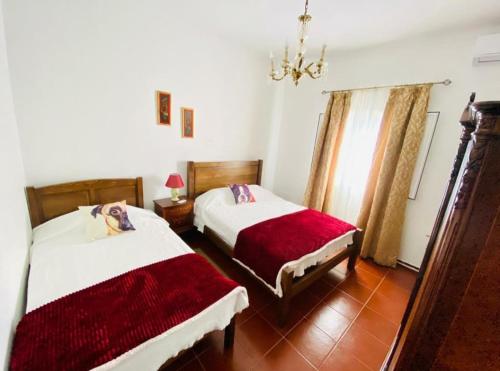 雷根古什-迪蒙萨拉什HERDADE DO CORVAL的一间卧室配有两张床和吊灯。
