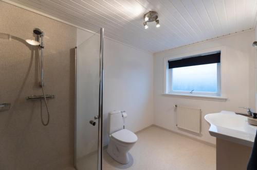 瑟沃格Pouls Airport Guesthouse - RENTAL CAR INCLUDED的带淋浴、卫生间和盥洗盆的浴室