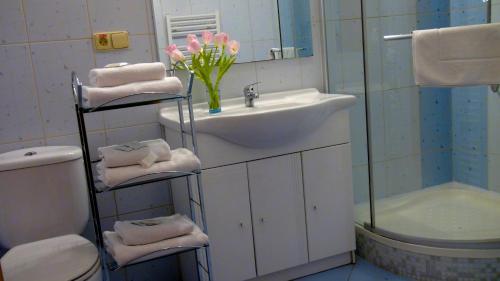 贝龙马克西姆家庭酒店的浴室配有盥洗盆、卫生间和浴缸。