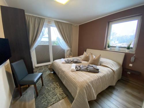 格赫伦-莱宾Villa Major的一间卧室配有一张带椅子的床和一扇窗户