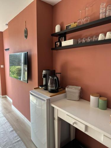 莱利斯塔德Zwikker aan de Haven的厨房设有橙色墙壁和白色台面