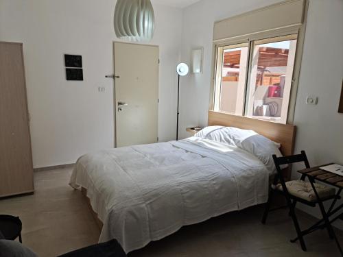 Beʼer OraAlex's Desert Place的一间卧室配有一张床、一张桌子和一个窗户。