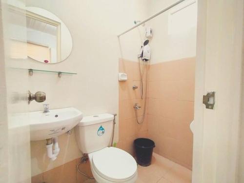 安吉利斯Cozy 3BR Home with Garden, Pool & Modern Comforts的一间带卫生间、水槽和镜子的浴室
