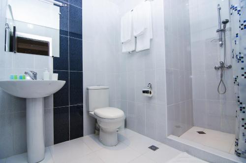 埃里温城市中心酒店的浴室配有卫生间、盥洗盆和淋浴。
