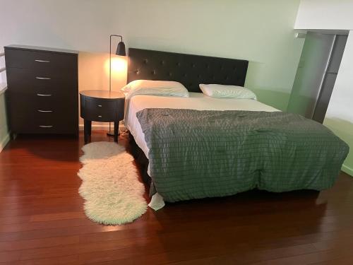 纽黑文Full loft-style apartment near Omni的一间卧室配有一张床、一张桌子和一张地毯。
