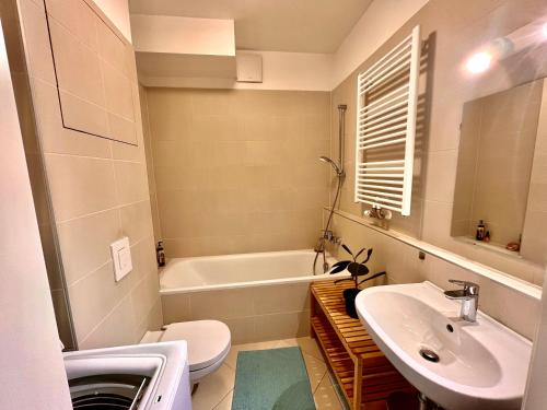 布达佩斯Marina Garden的浴室配有盥洗盆、卫生间和浴缸。